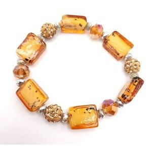 Boho Amber Orange Glass Bead Bracelet Gold Pave Stretch